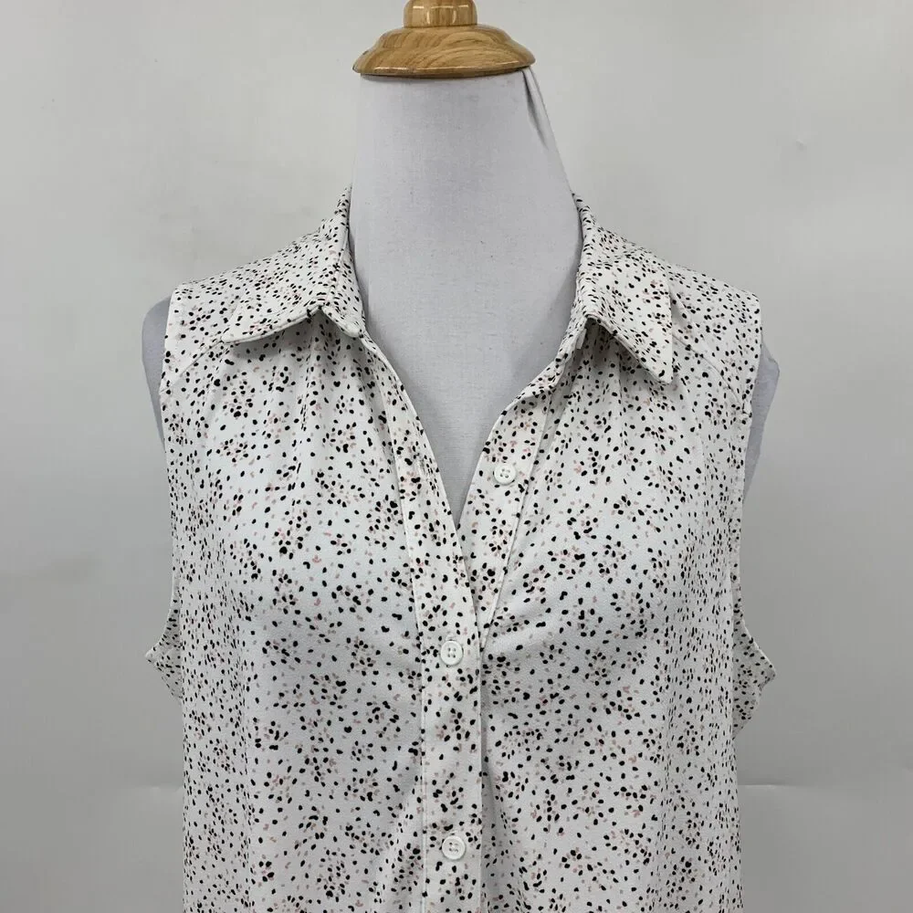 Adrianna Papell Printed Knit Blouse Women M White Sleeveless Button Up Tie Front